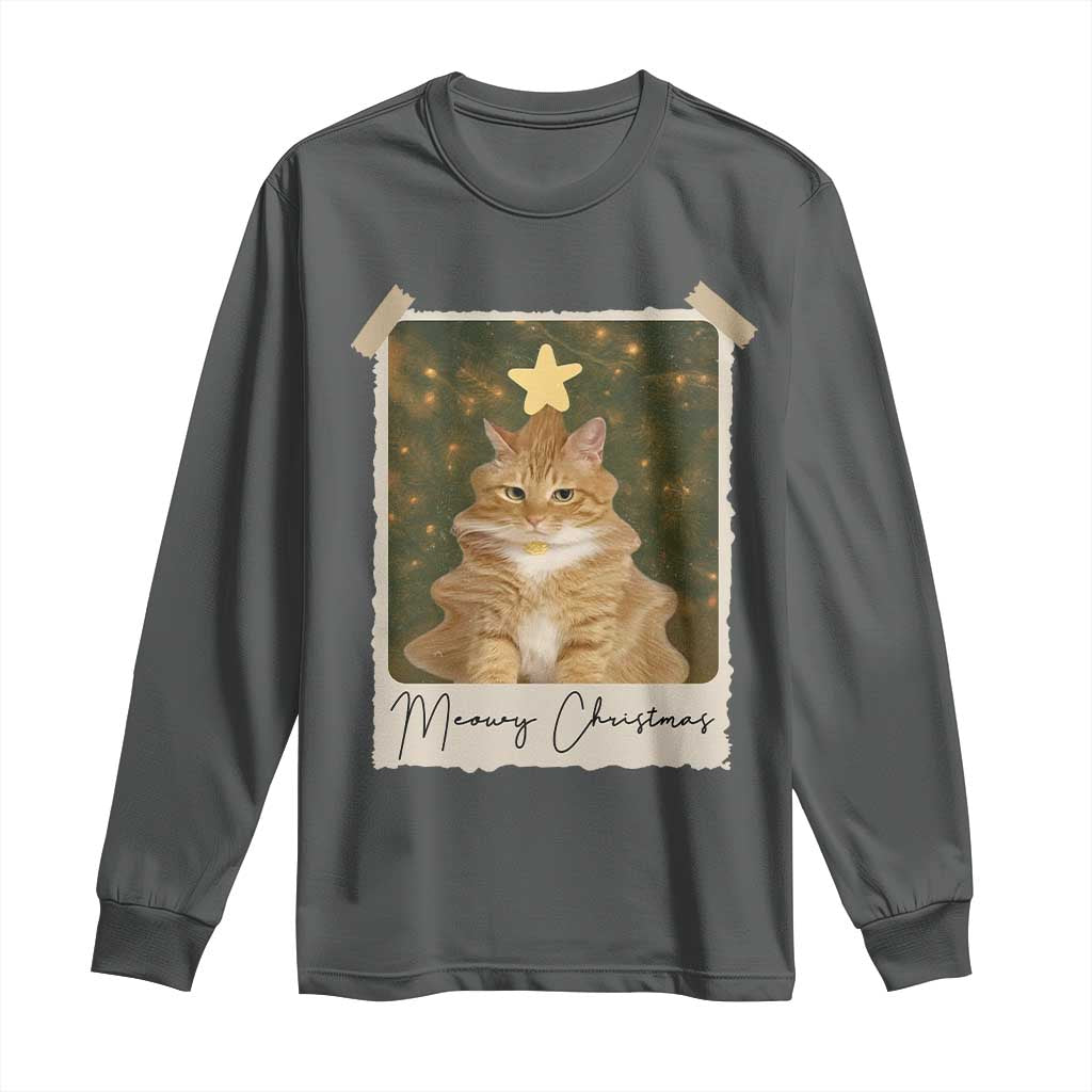 Meowy Christmas Long Sleeve Shirt Funny Cat Xmas Tree Retro Vintage Photo TS10 Dark Heather Print Your Wear