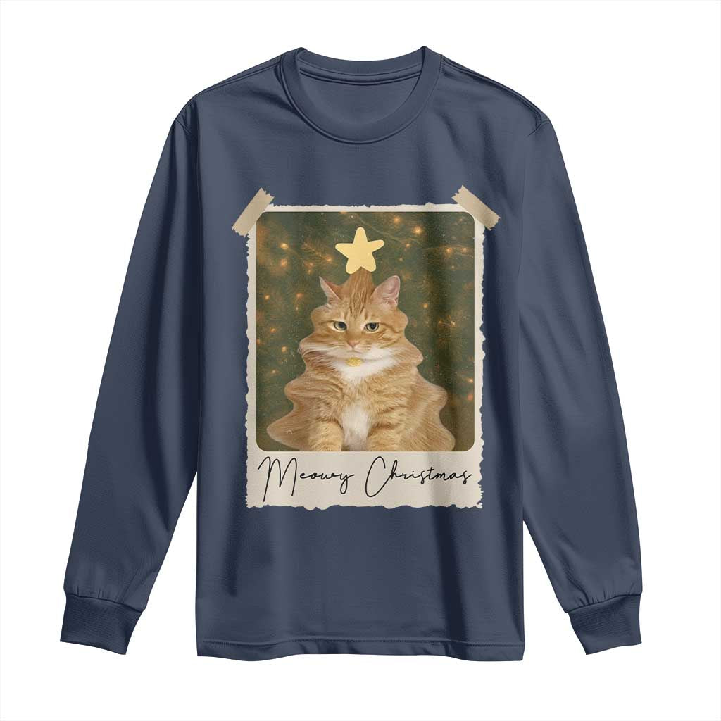 Meowy Christmas Long Sleeve Shirt Funny Cat Xmas Tree Retro Vintage Photo TS10 Navy Print Your Wear