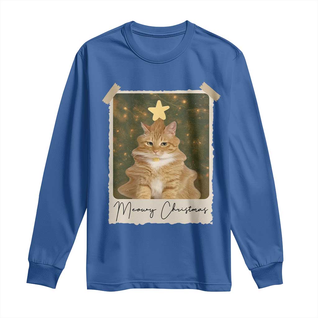 Meowy Christmas Long Sleeve Shirt Funny Cat Xmas Tree Retro Vintage Photo TS10 Royal Blue Print Your Wear