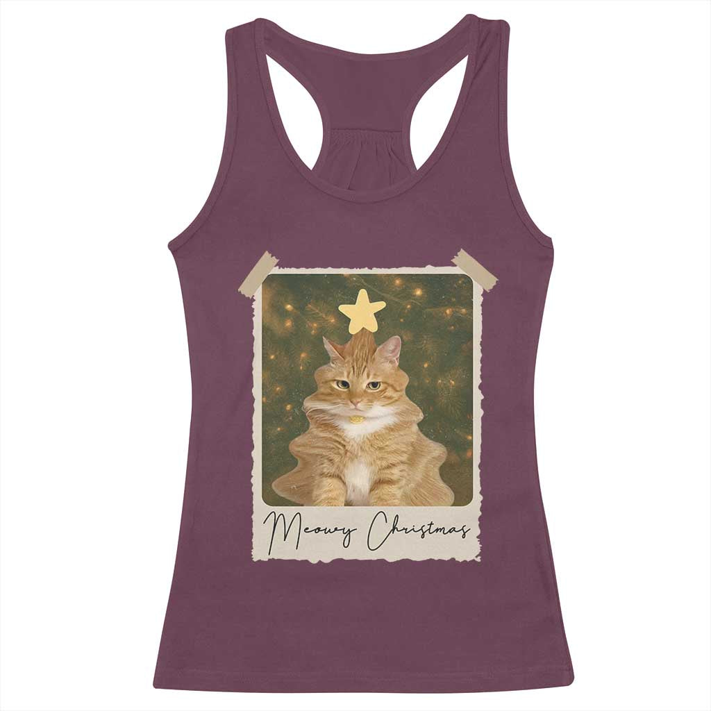 Meowy Christmas Racerback Tank Top Funny Cat Xmas Tree Retro Vintage Photo TS10 Maroon Print Your Wear