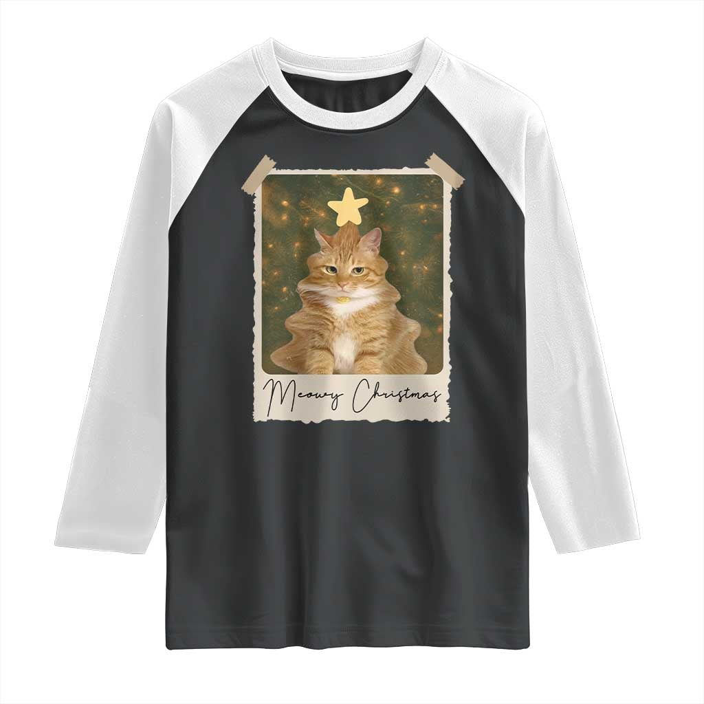 Meowy Christmas Raglan Shirt Funny Cat Xmas Tree Retro Vintage Photo TS10 Black White Print Your Wear