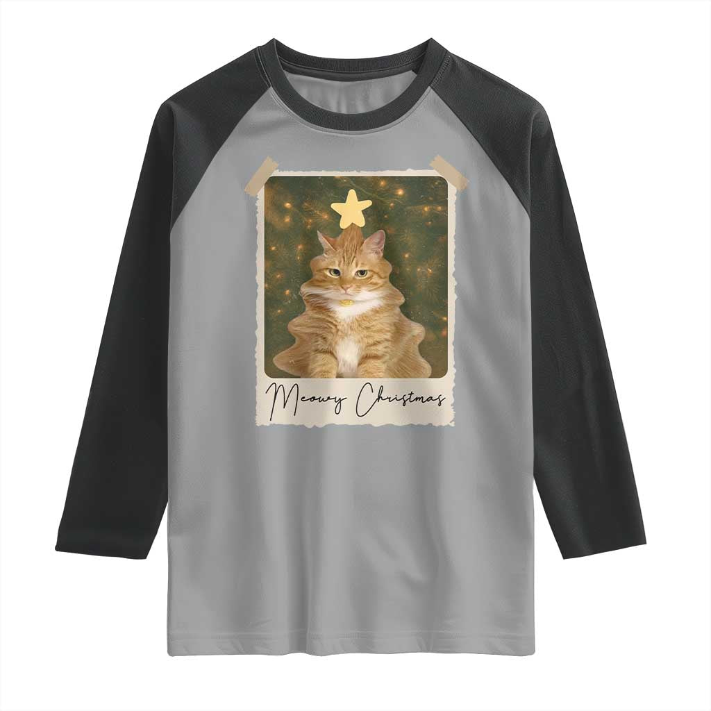 Meowy Christmas Raglan Shirt Funny Cat Xmas Tree Retro Vintage Photo TS10 Sport Gray Black Print Your Wear