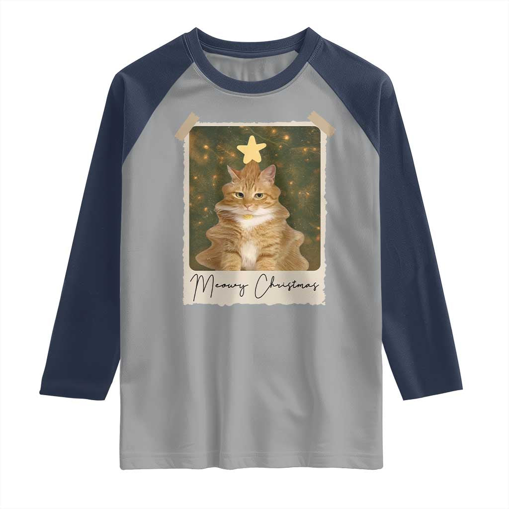 Meowy Christmas Raglan Shirt Funny Cat Xmas Tree Retro Vintage Photo TS10 Sport Gray Navy Print Your Wear