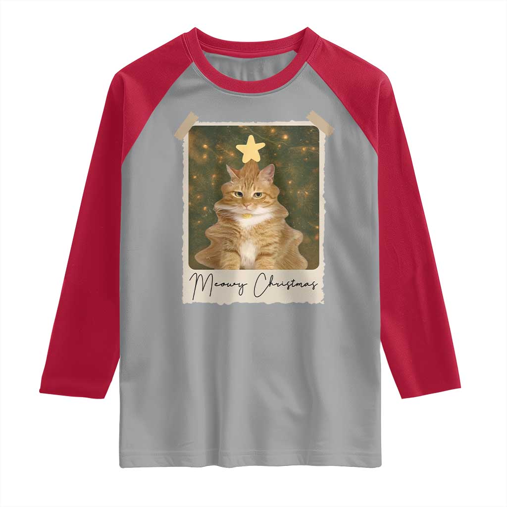 Meowy Christmas Raglan Shirt Funny Cat Xmas Tree Retro Vintage Photo TS10 Sport Gray Red Print Your Wear