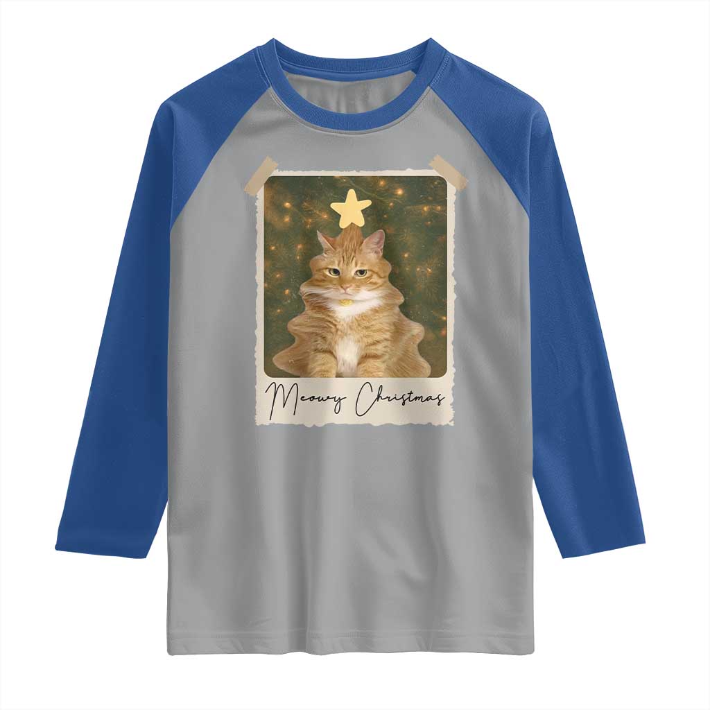 Meowy Christmas Raglan Shirt Funny Cat Xmas Tree Retro Vintage Photo TS10 Sport Gray Royal Print Your Wear