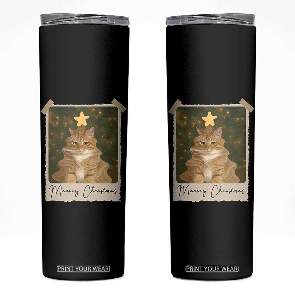 Meowy Christmas Skinny Tumbler Funny Cat Xmas Tree Retro Vintage Photo TS10 Black Print Your Wear
