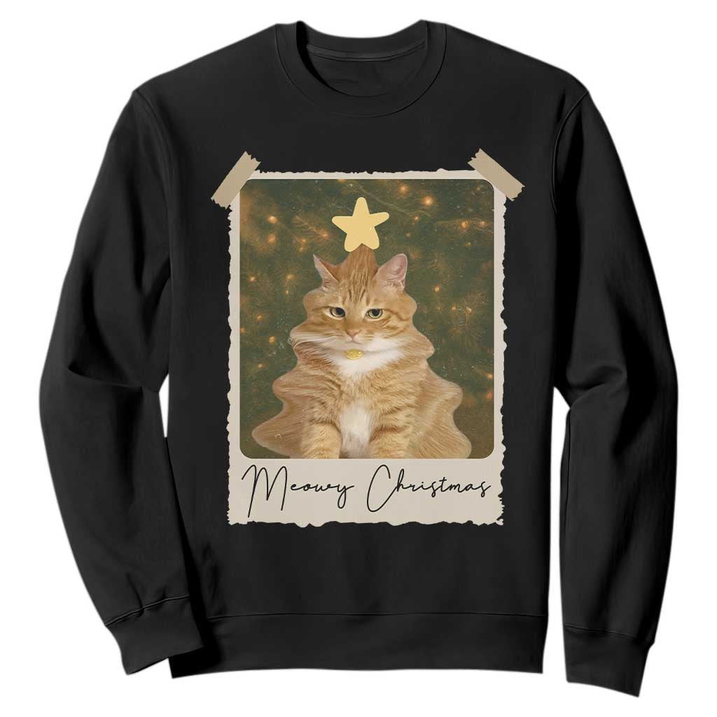 Meowy Christmas Sweatshirt Funny Cat Xmas Tree Retro Vintage Photo - Print Your Wear