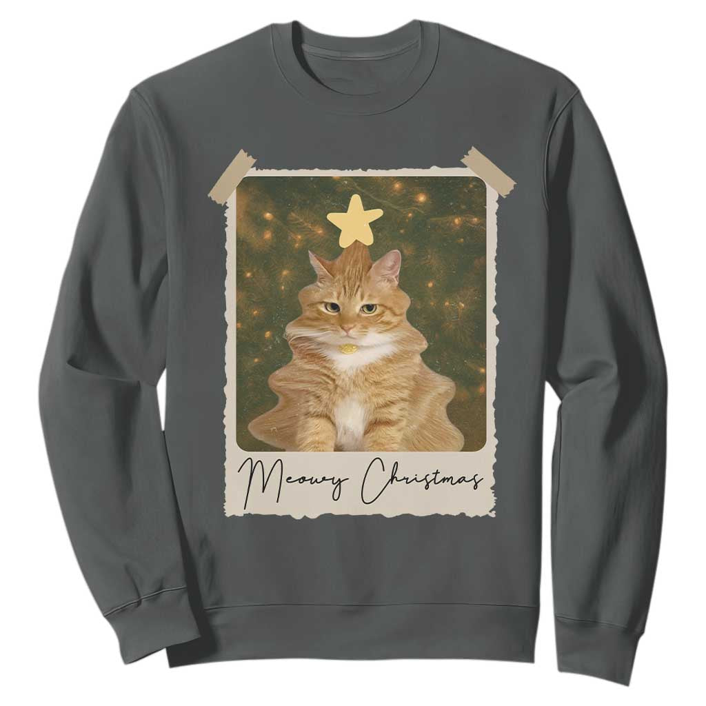 Meowy Christmas Sweatshirt Funny Cat Xmas Tree Retro Vintage Photo TS10 Dark Heather Print Your Wear