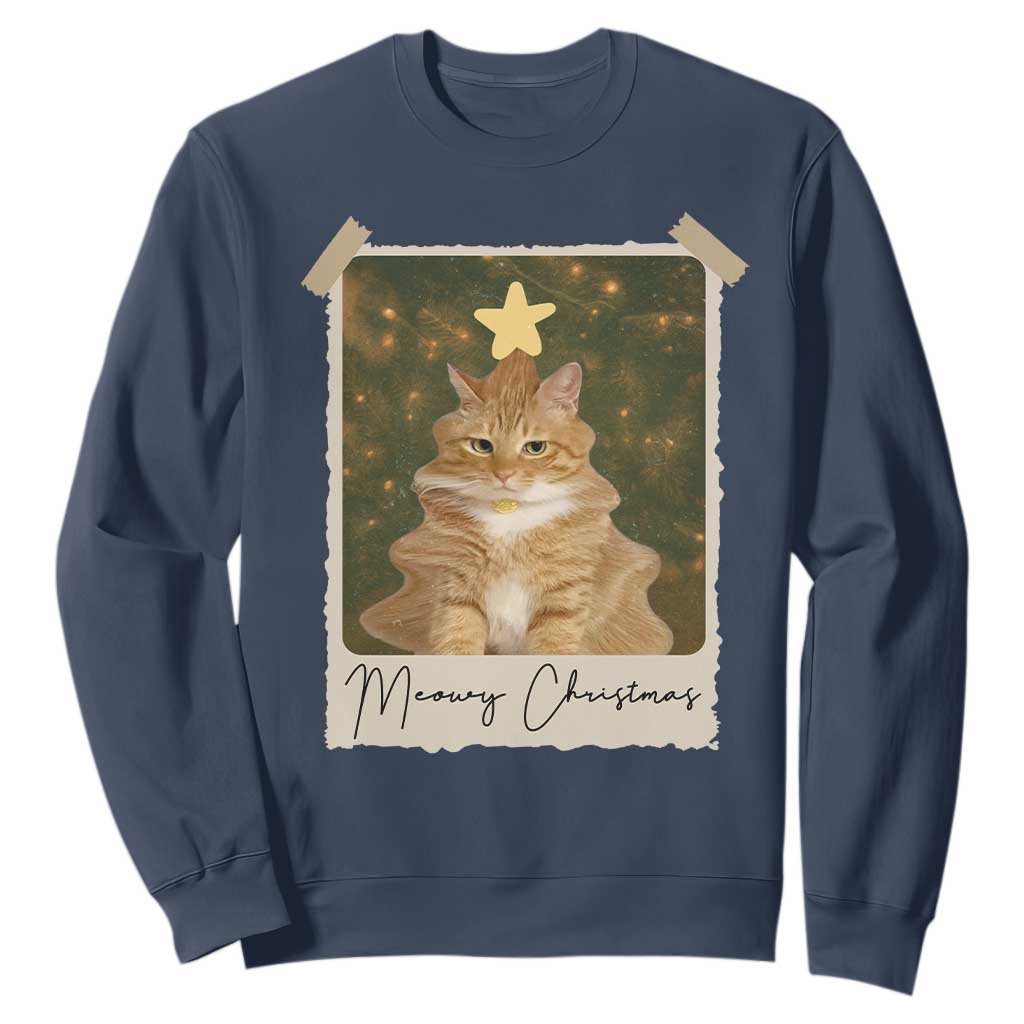 Meowy Christmas Sweatshirt Funny Cat Xmas Tree Retro Vintage Photo TS10 Navy Print Your Wear