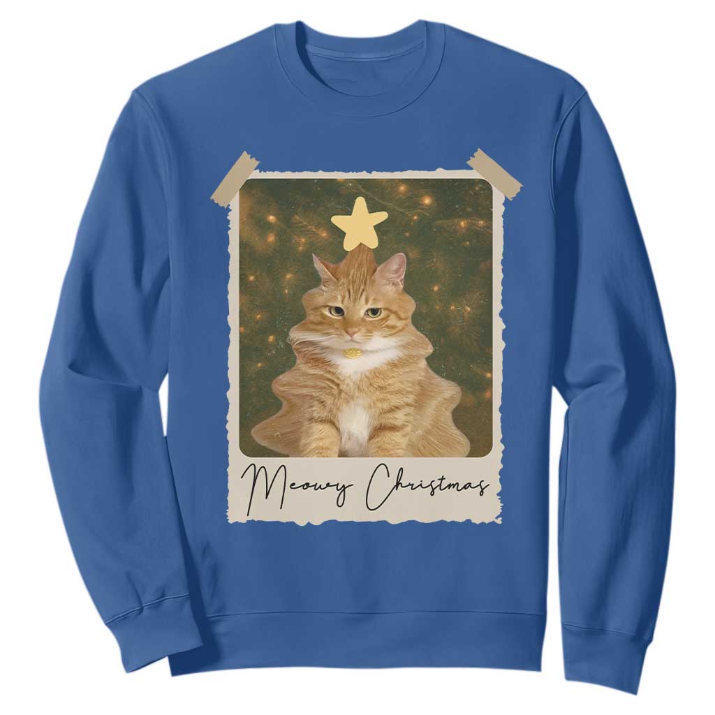 Meowy Christmas Sweatshirt Funny Cat Xmas Tree Retro Vintage Photo TS10 Royal Blue Print Your Wear
