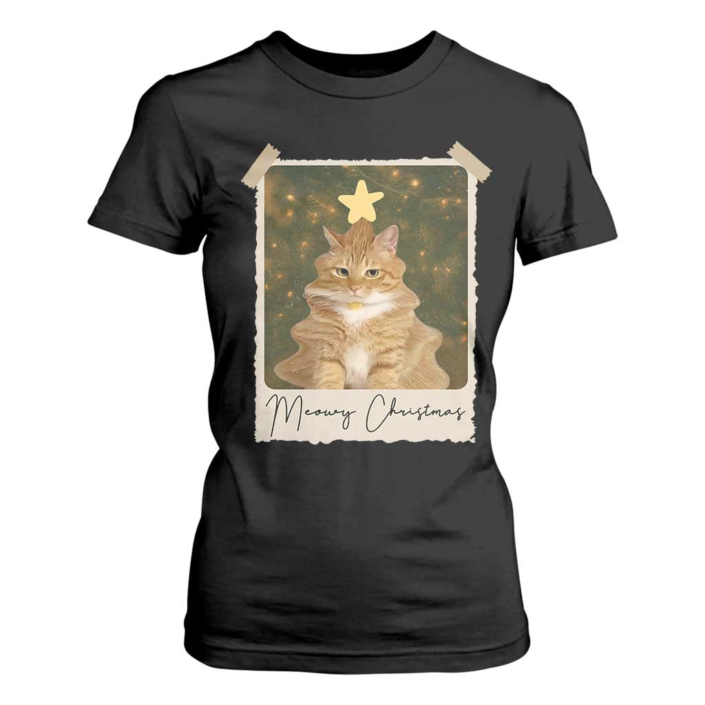 Meowy Christmas T Shirt For Women Funny Cat Xmas Tree Retro Vintage Photo - Print Your Wear