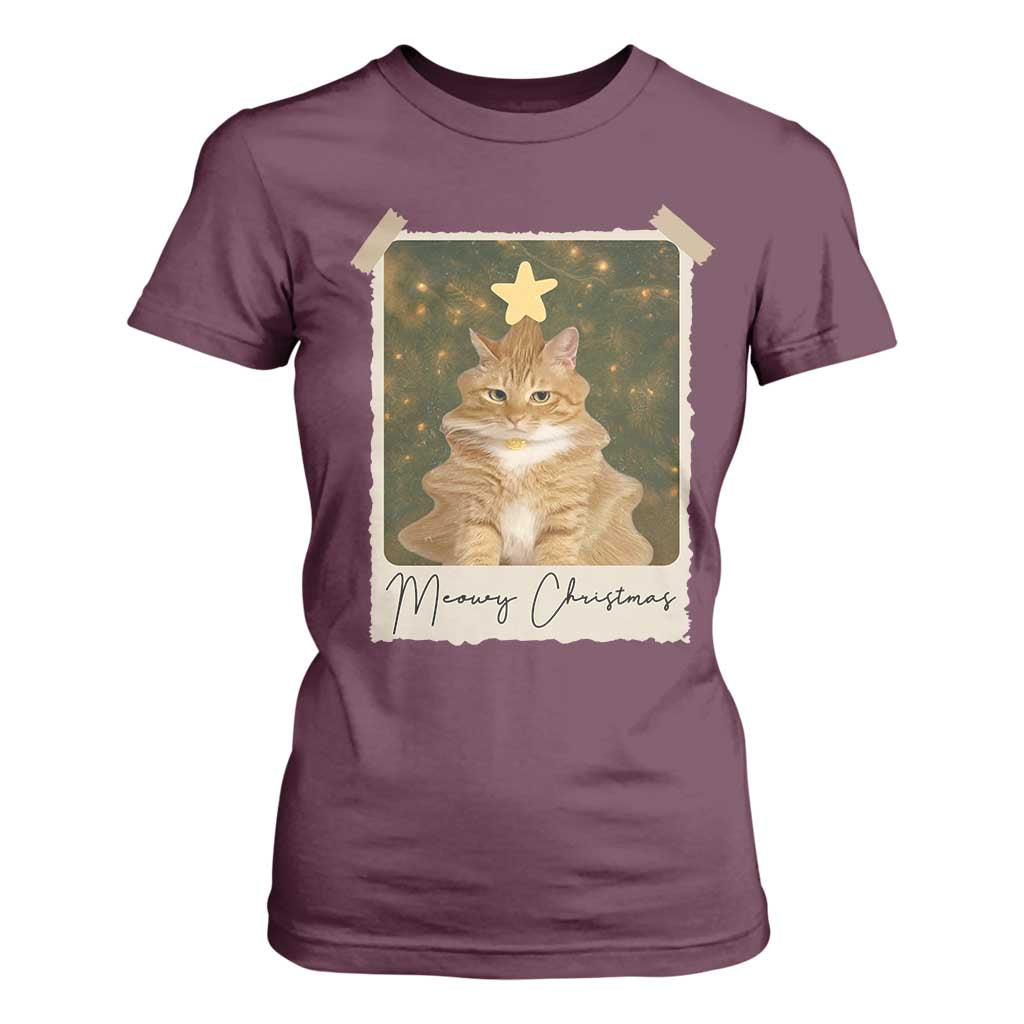 Meowy Christmas T Shirt For Women Funny Cat Xmas Tree Retro Vintage Photo - Print Your Wear