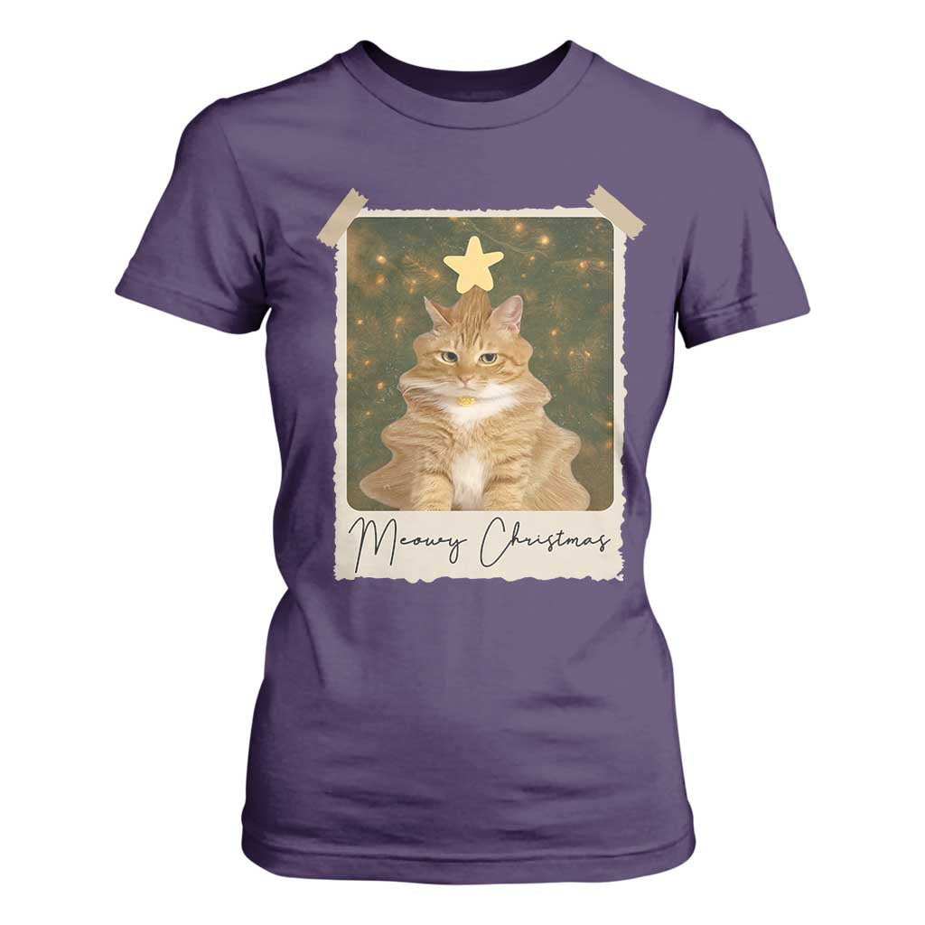 Meowy Christmas T Shirt For Women Funny Cat Xmas Tree Retro Vintage Photo - Print Your Wear