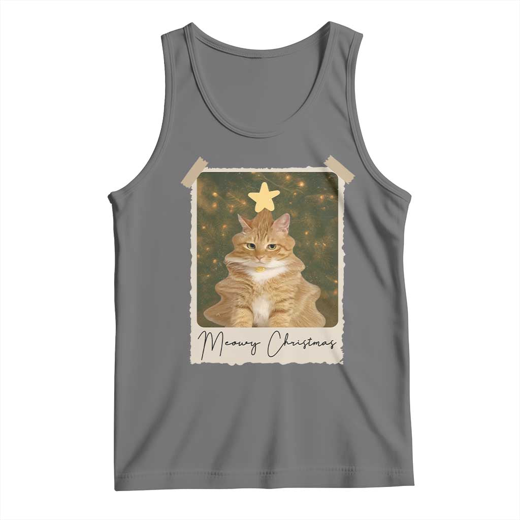 Meowy Christmas Tank Top Funny Cat Xmas Tree Retro Vintage Photo TS10 Black Heather Print Your Wear