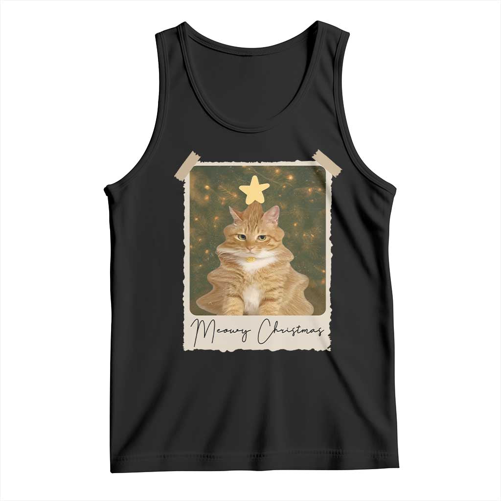 Meowy Christmas Tank Top Funny Cat Xmas Tree Retro Vintage Photo TS10 Black Print Your Wear