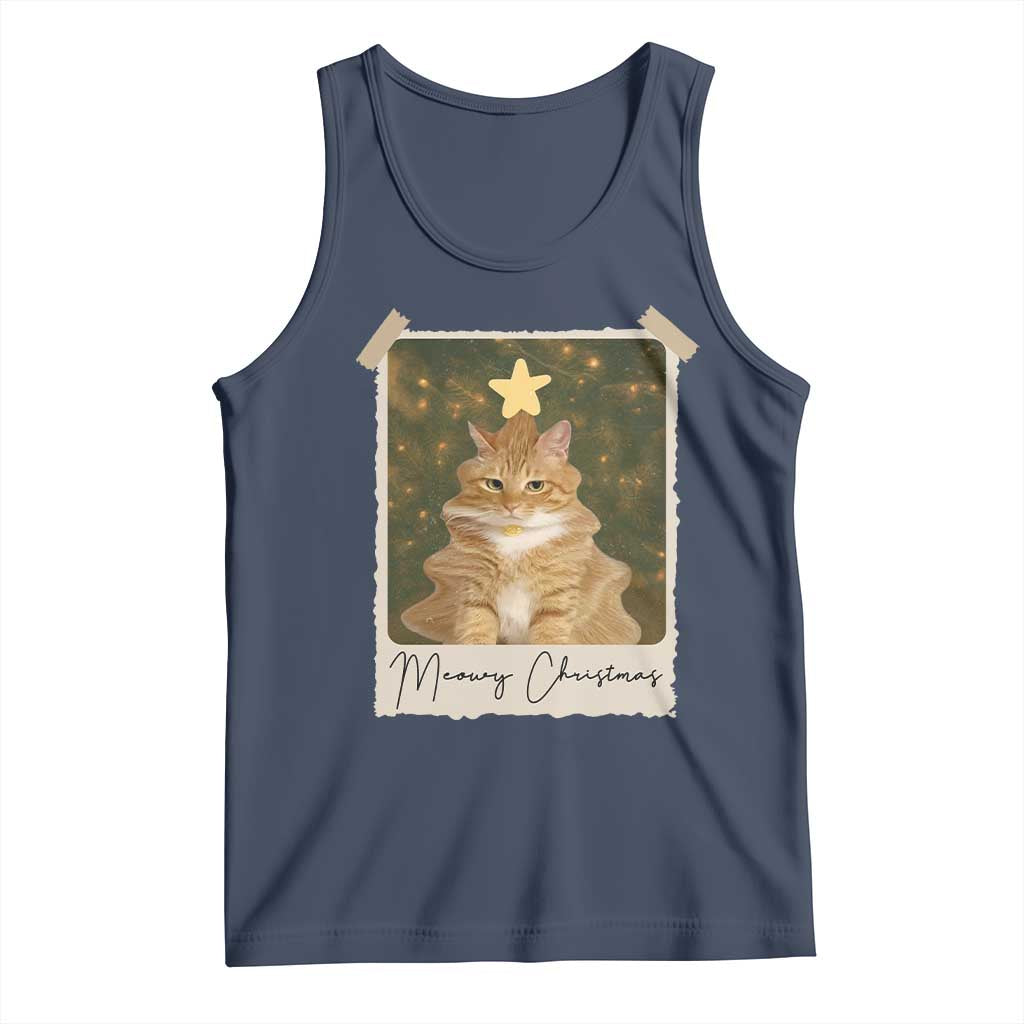 Meowy Christmas Tank Top Funny Cat Xmas Tree Retro Vintage Photo TS10 Navy Print Your Wear