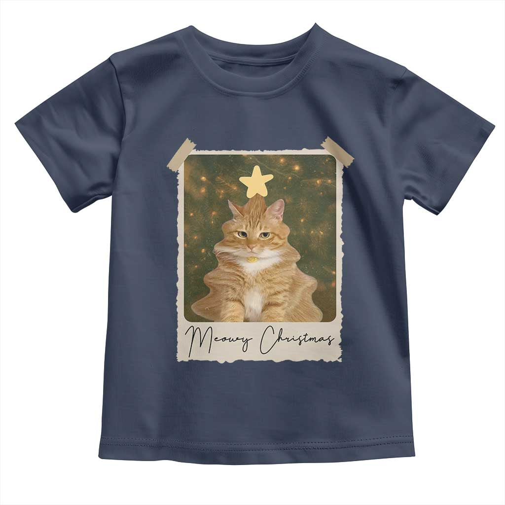 Meowy Christmas Toddler T Shirt Funny Cat Xmas Tree Retro Vintage Photo TS10 Navy Print Your Wear