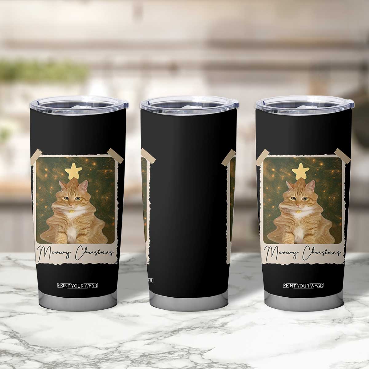 Meowy Christmas Tumbler Cup Funny Cat Xmas Tree Retro Vintage Photo TS10 Print Your Wear