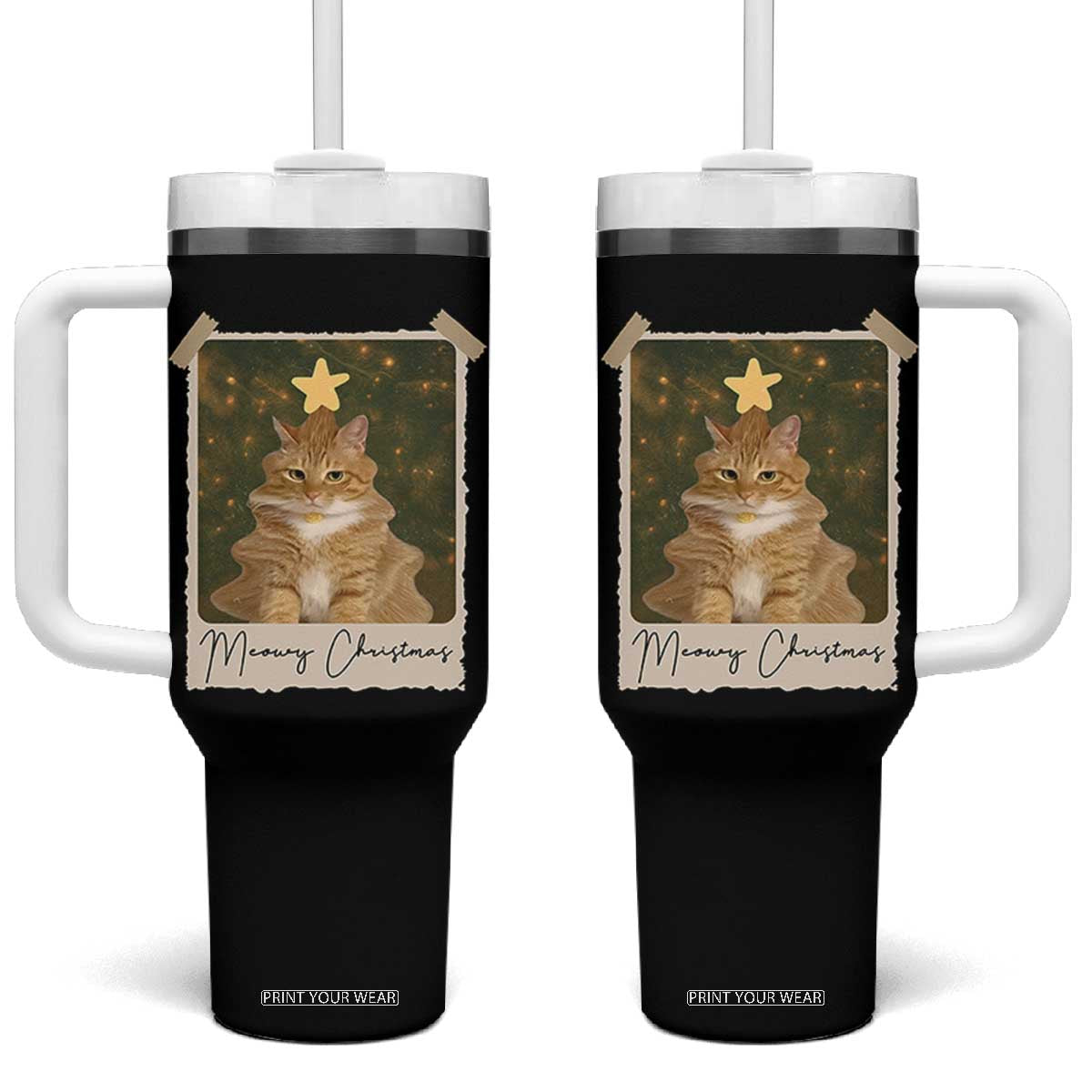 Meowy Christmas Tumbler With Handle Funny Cat Xmas Tree Retro Vintage Photo TS10 One Size: 40 oz Black Print Your Wear