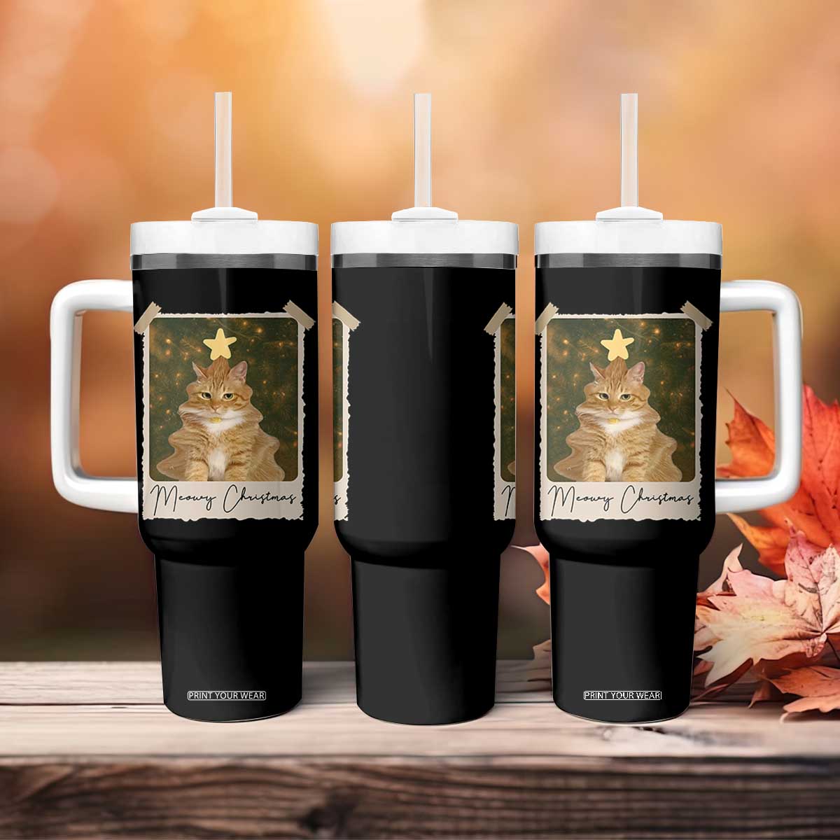 Meowy Christmas Tumbler With Handle Funny Cat Xmas Tree Retro Vintage Photo TS10 Print Your Wear