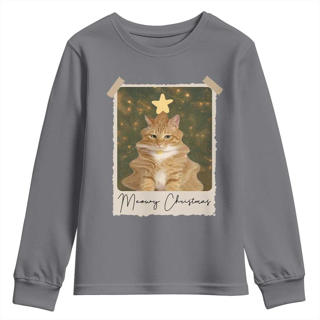 Meowy Christmas Youth Sweatshirt Funny Cat Xmas Tree Retro Vintage Photo TS10 Charcoal Print Your Wear