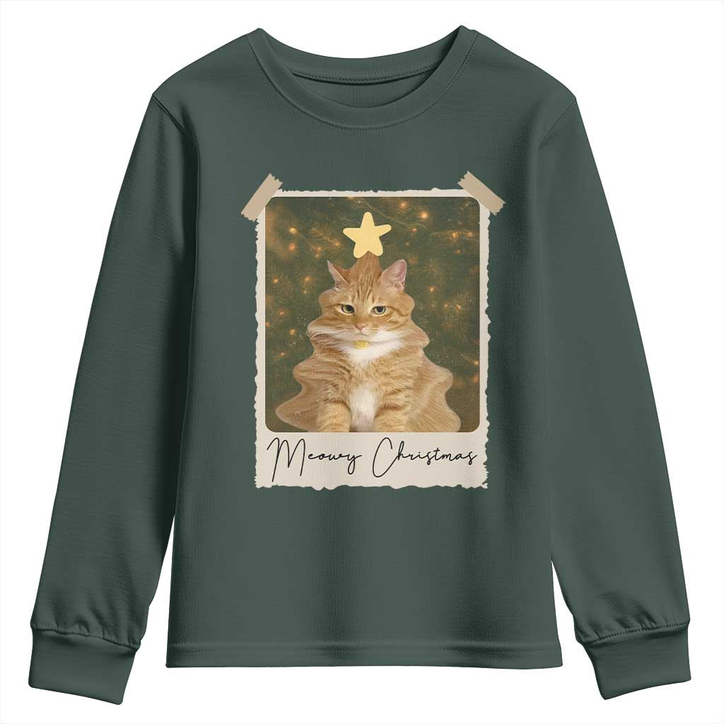 Meowy Christmas Youth Sweatshirt Funny Cat Xmas Tree Retro Vintage Photo TS10 Dark Forest Green Print Your Wear