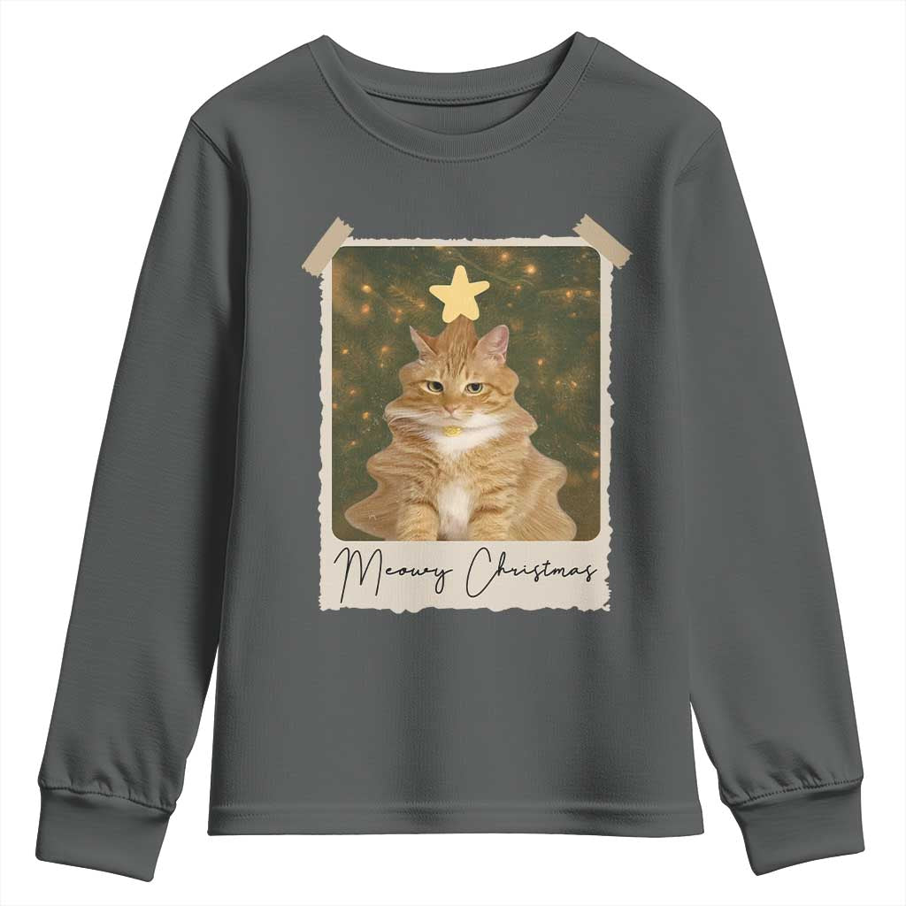 Meowy Christmas Youth Sweatshirt Funny Cat Xmas Tree Retro Vintage Photo TS10 Dark Heather Print Your Wear