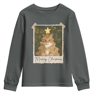 Meowy Christmas Youth Sweatshirt Funny Cat Xmas Tree Retro Vintage Photo TS10 Dark Heather Print Your Wear