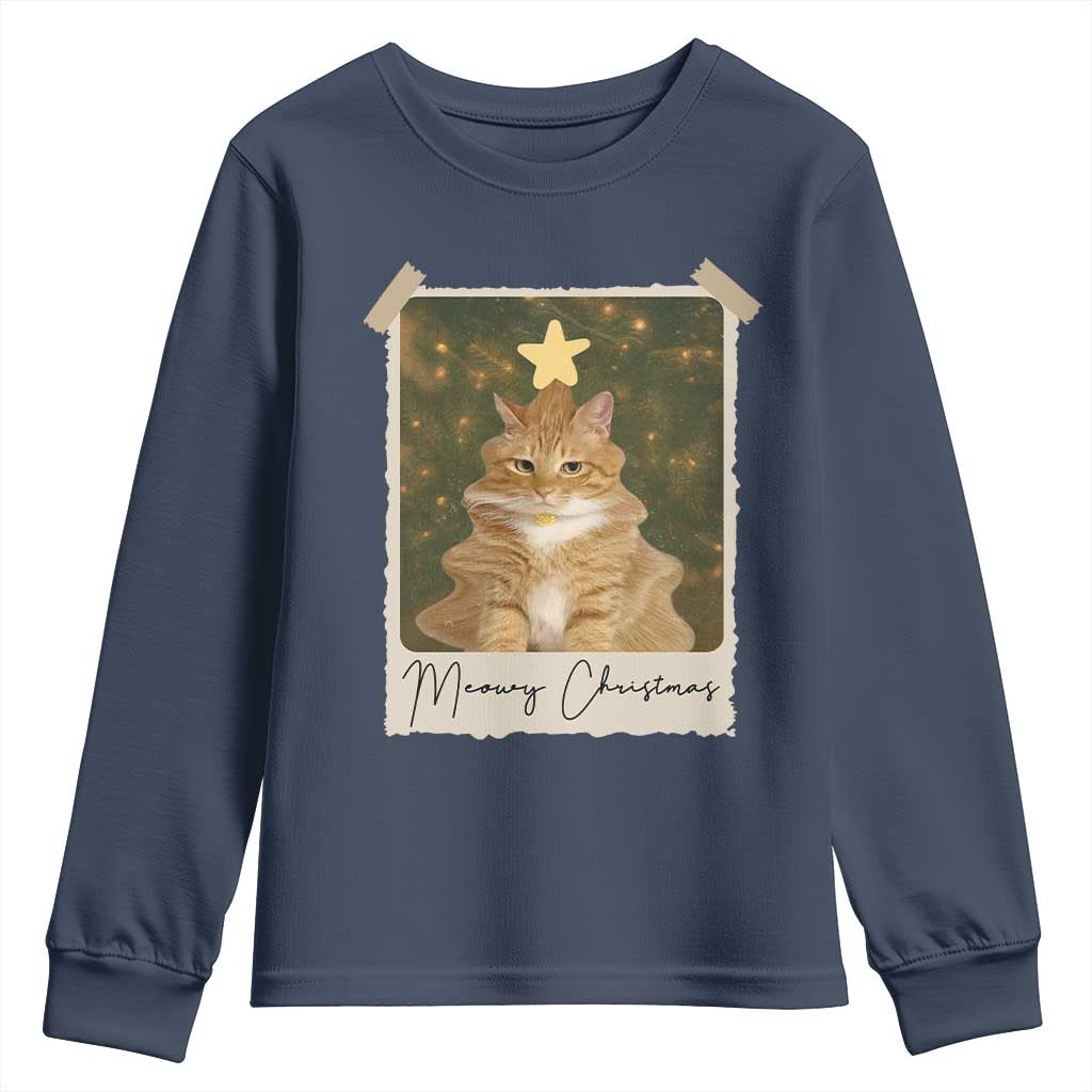 Meowy Christmas Youth Sweatshirt Funny Cat Xmas Tree Retro Vintage Photo TS10 Navy Print Your Wear