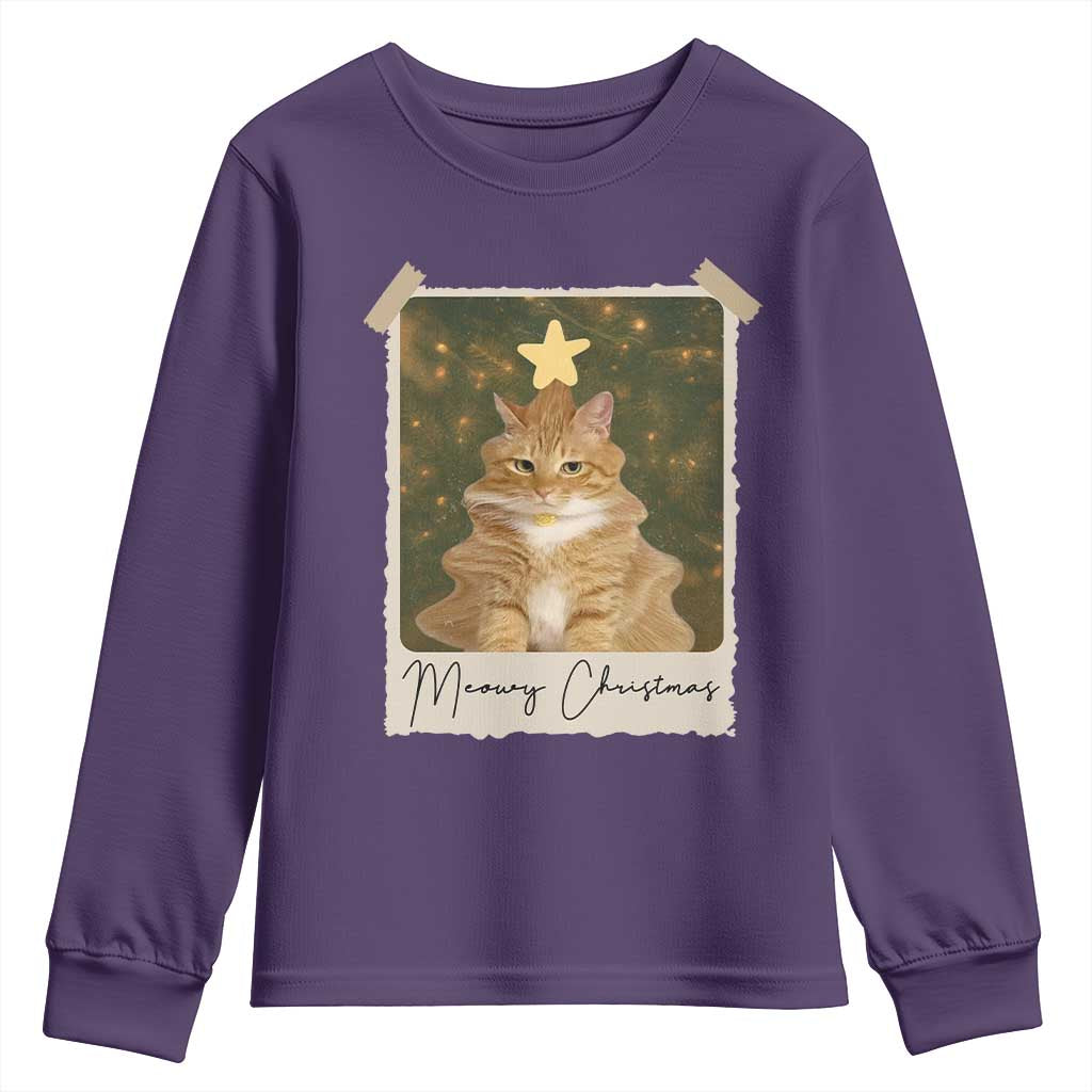 Meowy Christmas Youth Sweatshirt Funny Cat Xmas Tree Retro Vintage Photo TS10 Purple Print Your Wear