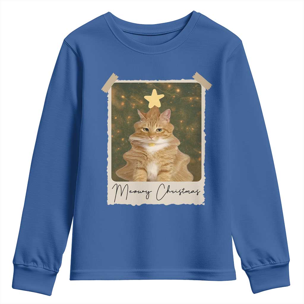Meowy Christmas Youth Sweatshirt Funny Cat Xmas Tree Retro Vintage Photo TS10 Royal Blue Print Your Wear