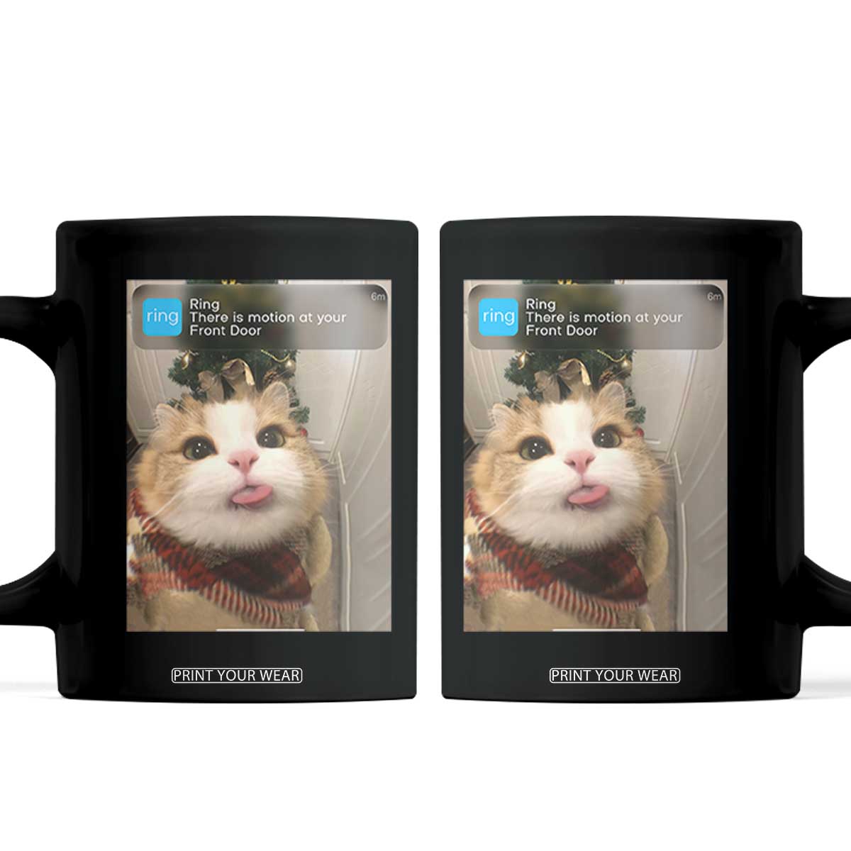 Funny Cat Christmas Coffee Mug Ring There is Motion at Your Front Door Meme Xmas Tree TS10 Black Print Your Wear