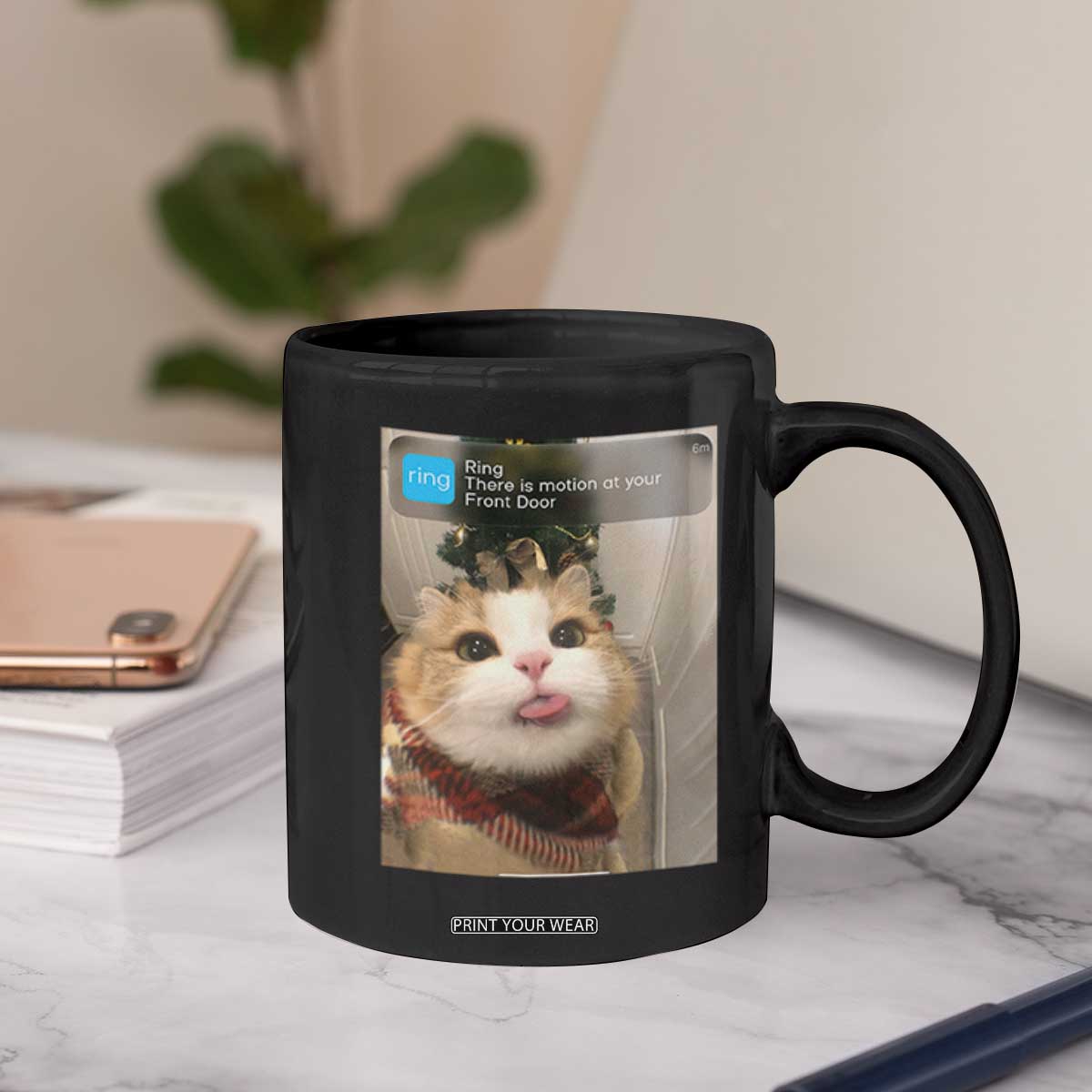 Funny Cat Christmas Coffee Mug Ring There is Motion at Your Front Door Meme Xmas Tree TS10 Print Your Wear
