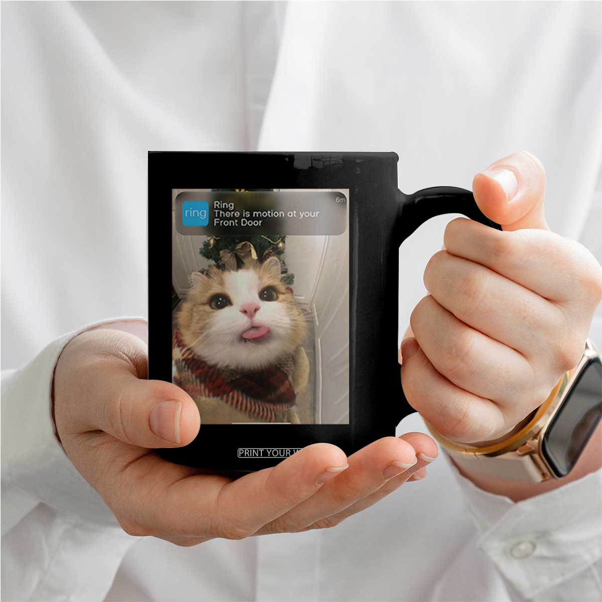 Funny Cat Christmas Coffee Mug Ring There is Motion at Your Front Door Meme Xmas Tree TS10 Print Your Wear