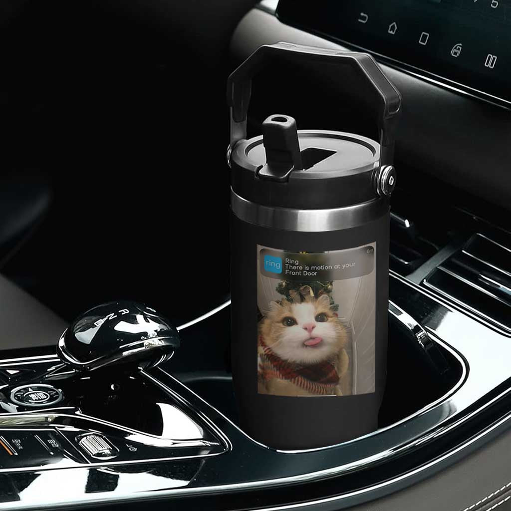 Funny Cat Christmas Flip Straw Tumbler Ring There is Motion at Your Front Door Meme Xmas Tree TS10 Print Your Wear