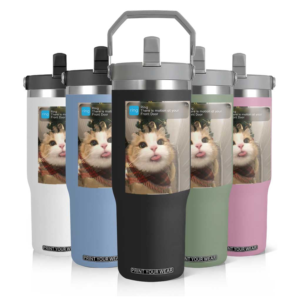 Funny Cat Christmas Flip Straw Tumbler Ring There is Motion at Your Front Door Meme Xmas Tree TS10 Print Your Wear