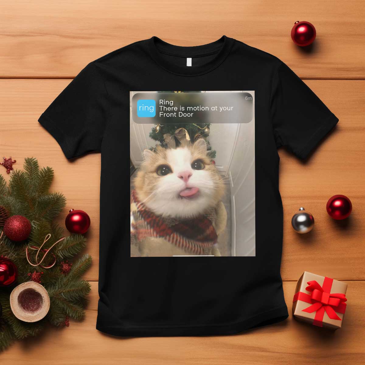 Funny Cat Christmas T Shirt Ring There is Motion at Your Front Door Meme Xmas Tree TS10 Black Print Your Wear