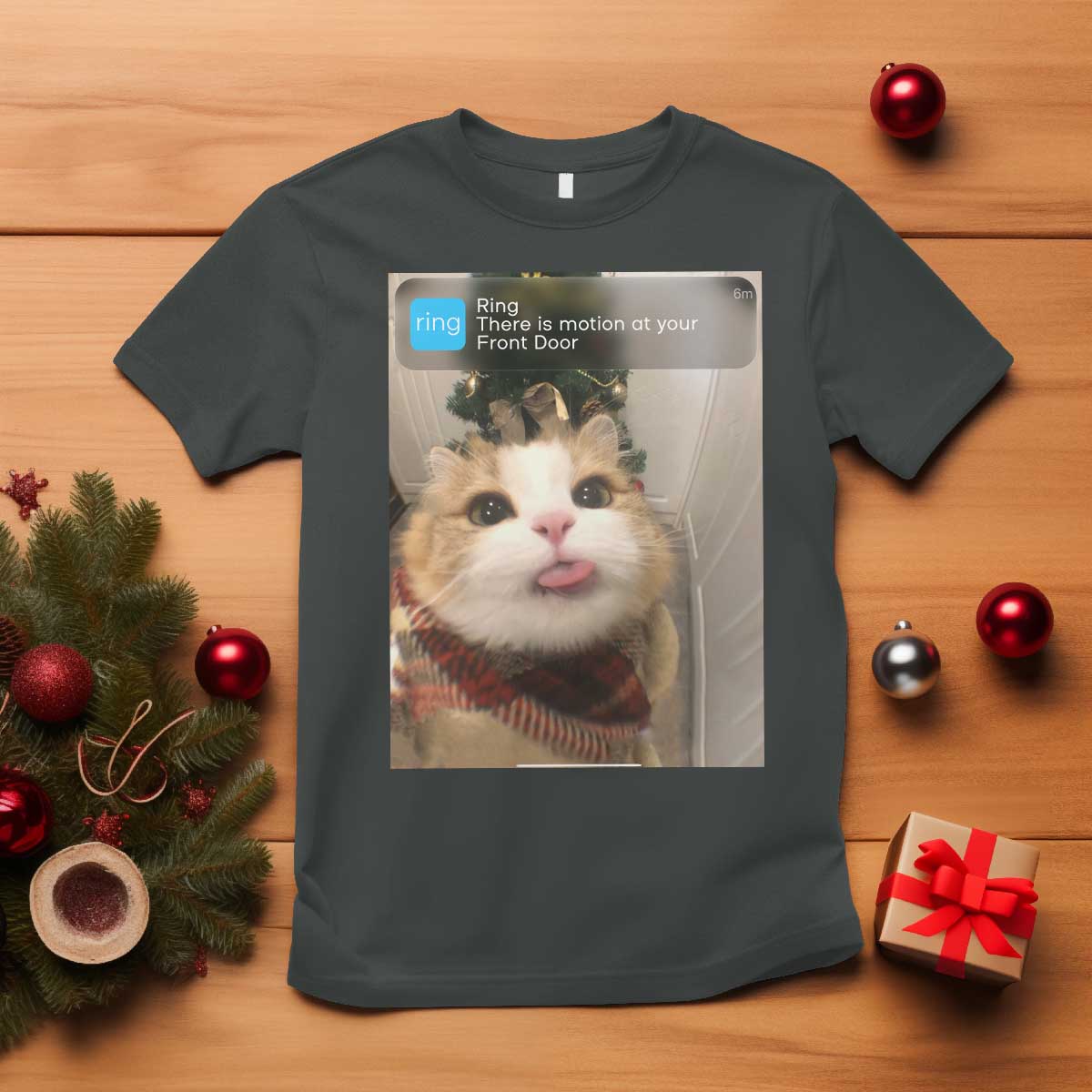 Funny Cat Christmas T Shirt Ring There is Motion at Your Front Door Meme Xmas Tree TS10 Dark Heather Print Your Wear