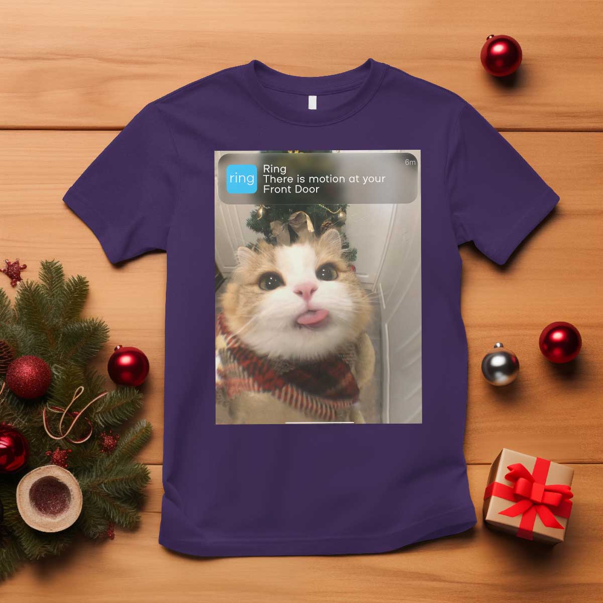 Funny Cat Christmas T Shirt Ring There is Motion at Your Front Door Meme Xmas Tree TS10 Purple Print Your Wear
