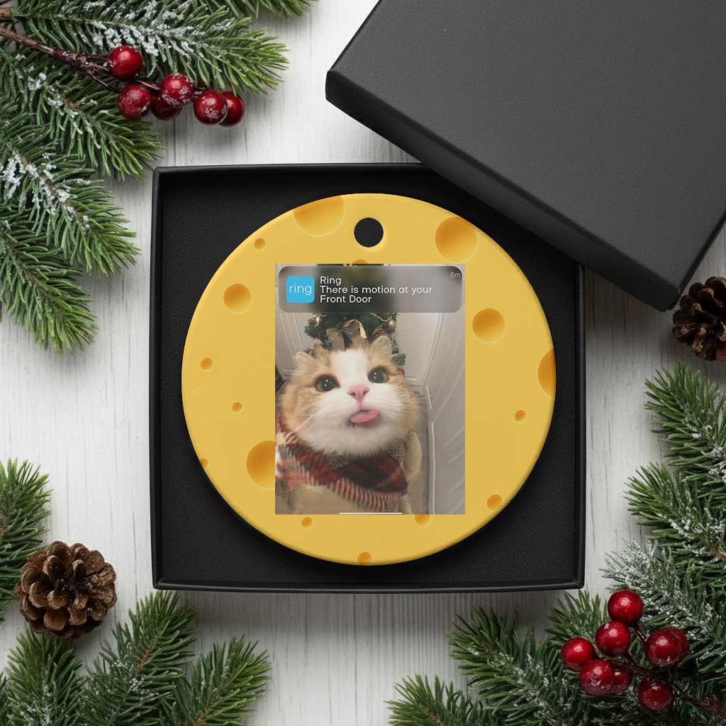 Funny Cat Christmas Ceramic Ornament Ring There is Motion at Your Front Door Meme Xmas Tree TS10 1pc Yellow Cheese Print Your Wear