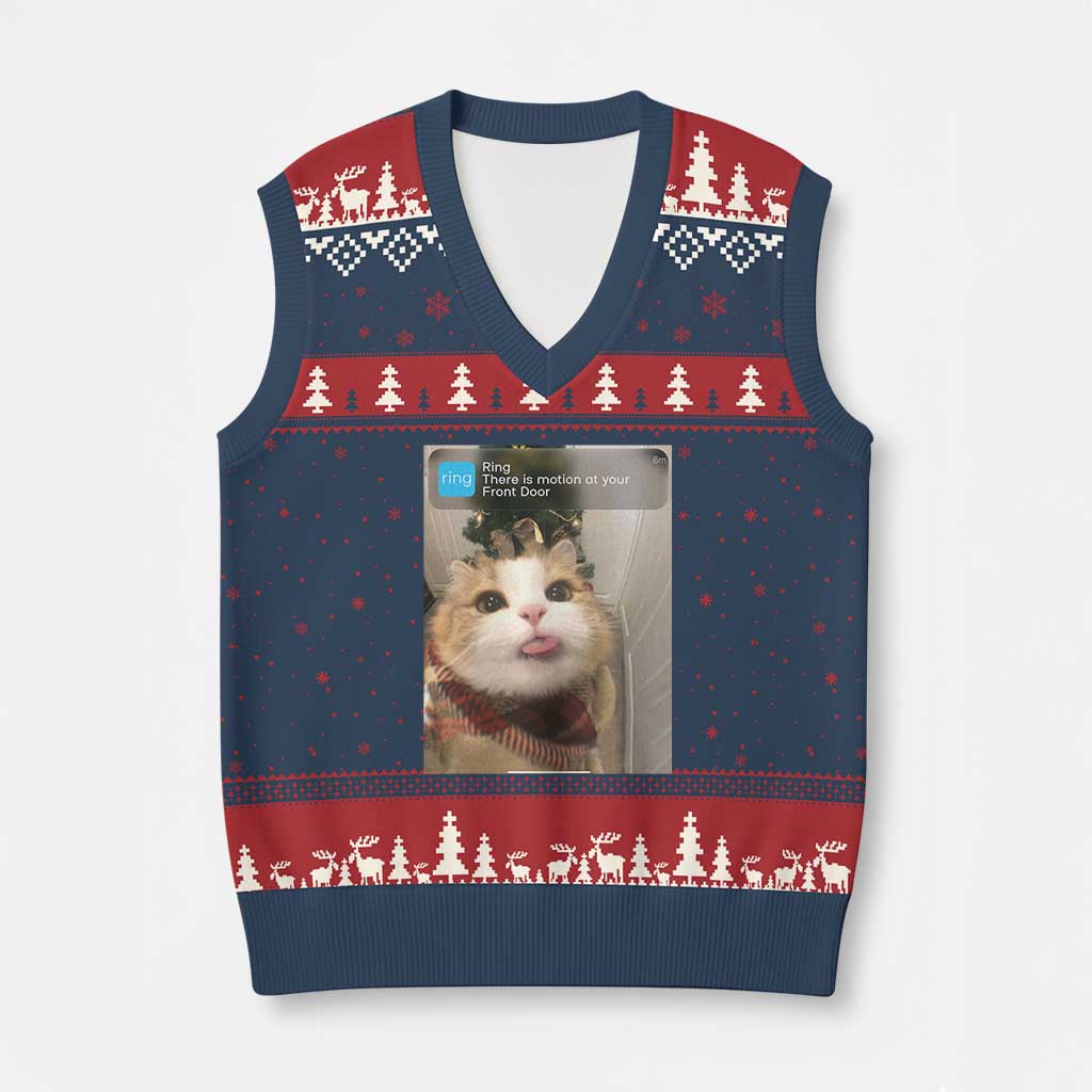 Funny Cat Xmas V-Neck Knit Sweater Vest Ring There is Motion at Your Front Door Meme Xmas Tree TS10 Navy Red Print Your Wear
