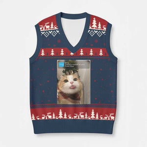 Funny Cat Xmas V-Neck Knit Sweater Vest Ring There is Motion at Your Front Door Meme Xmas Tree TS10 Navy Red Print Your Wear