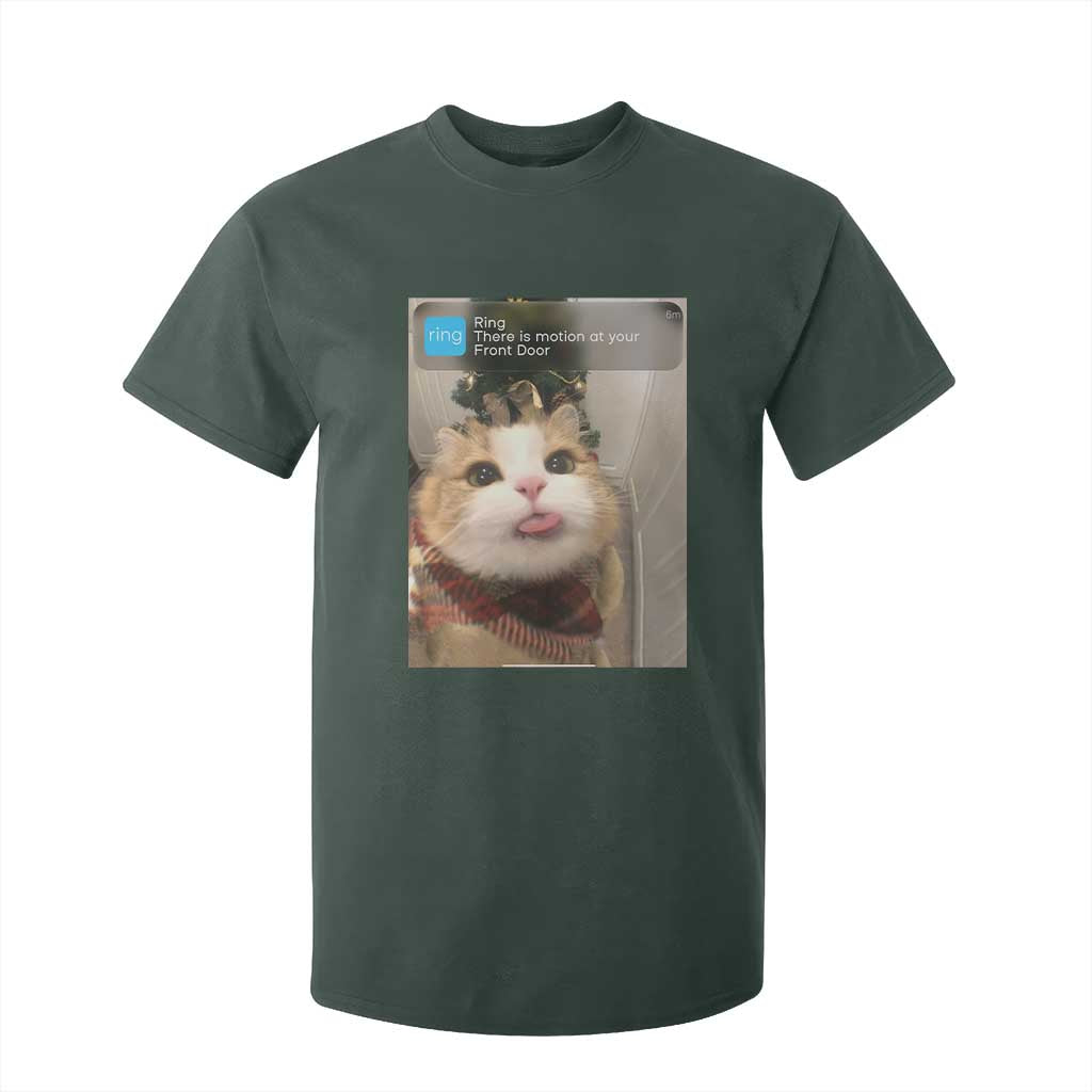 Funny Cat Christmas T Shirt For Kid Ring There is Motion at Your Front Door Meme Xmas Tree TS10 Dark Forest Green Print Your Wear