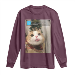 Funny Cat Christmas Long Sleeve Shirt Ring There is Motion at Your Front Door Meme Xmas Tree TS10 Maroon Print Your Wear