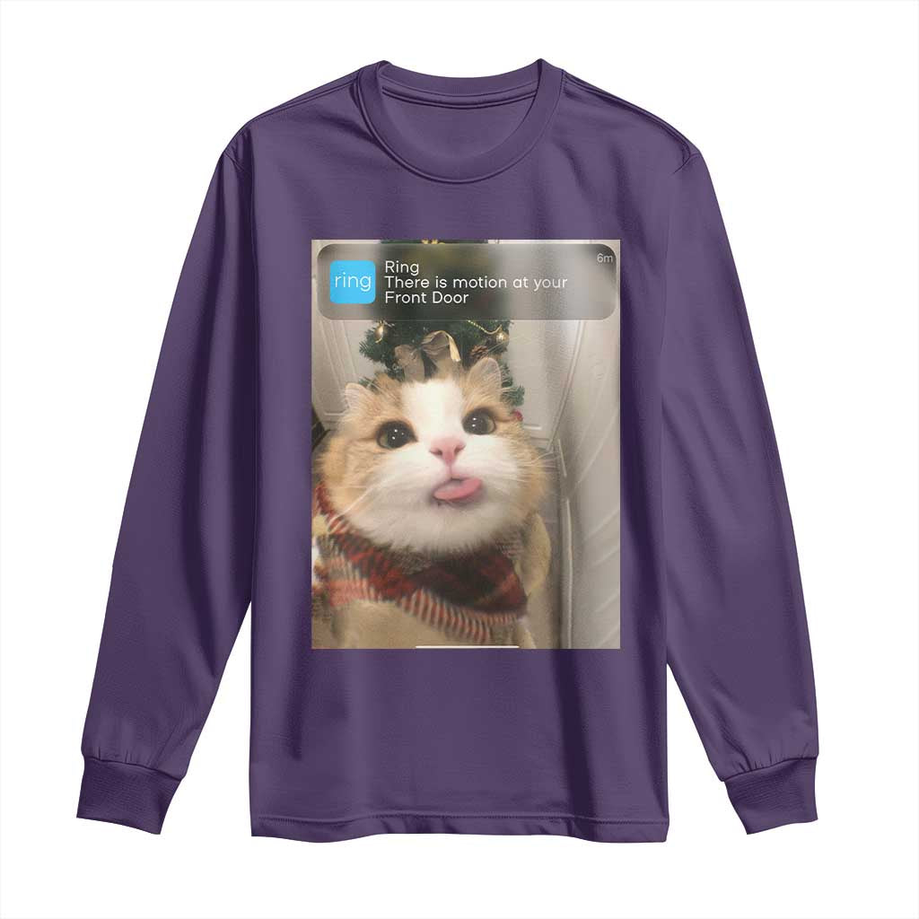 Funny Cat Christmas Long Sleeve Shirt Ring There is Motion at Your Front Door Meme Xmas Tree TS10 Purple Print Your Wear