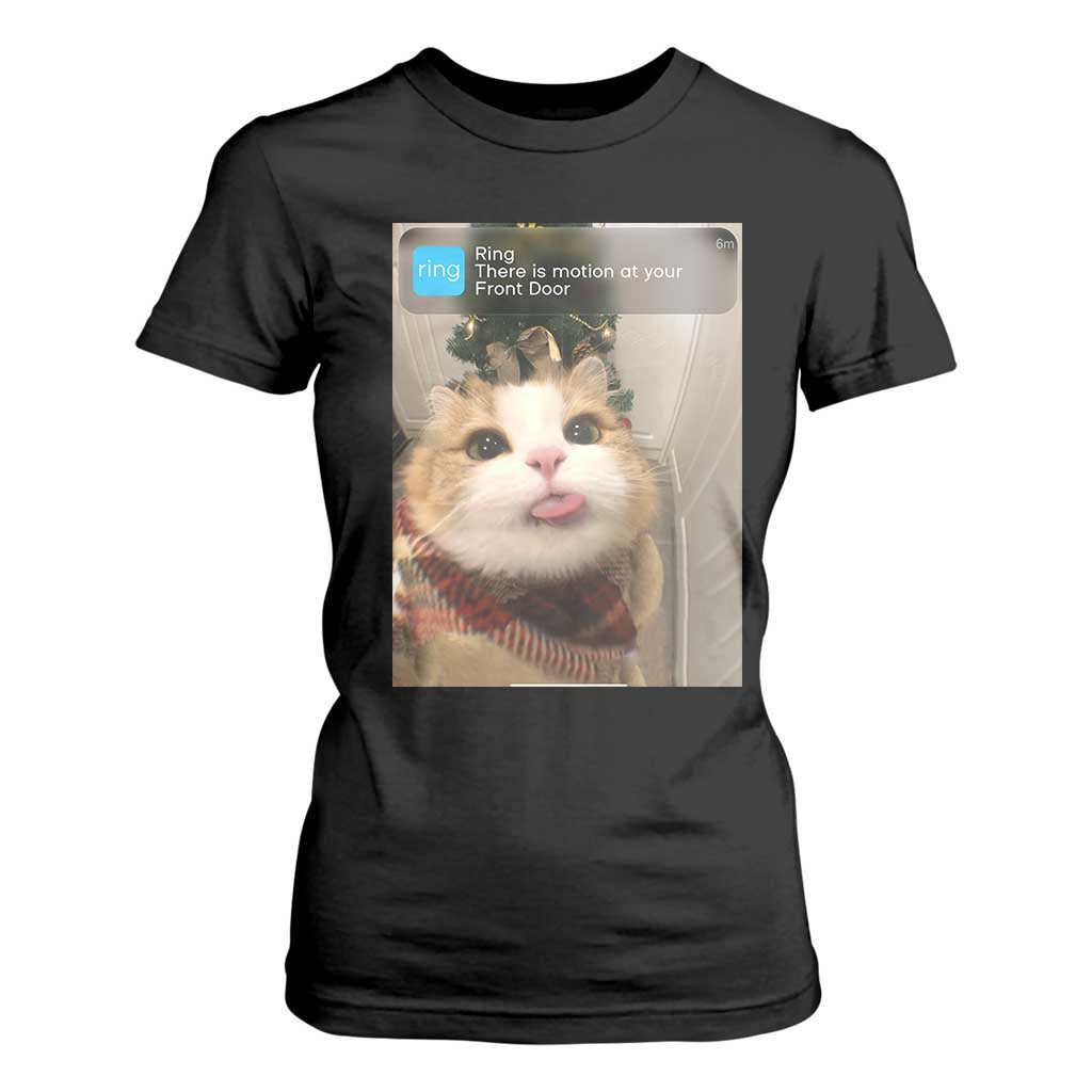 Funny Cat Christmas T Shirt For Women Ring There is Motion at Your Front Door Meme Xmas Tree - Print Your Wear