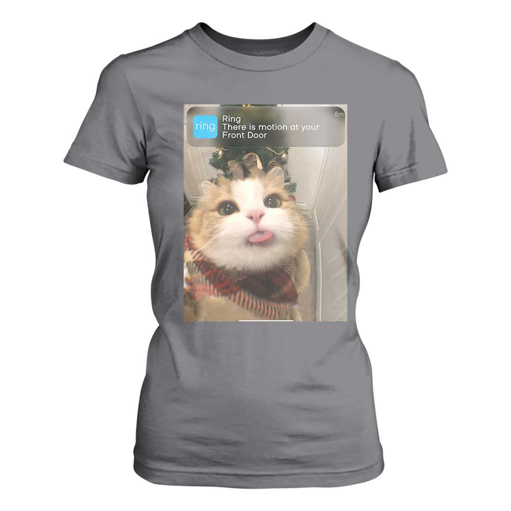 Funny Cat Christmas T Shirt For Women Ring There is Motion at Your Front Door Meme Xmas Tree TS10 Charcoal Print Your Wear