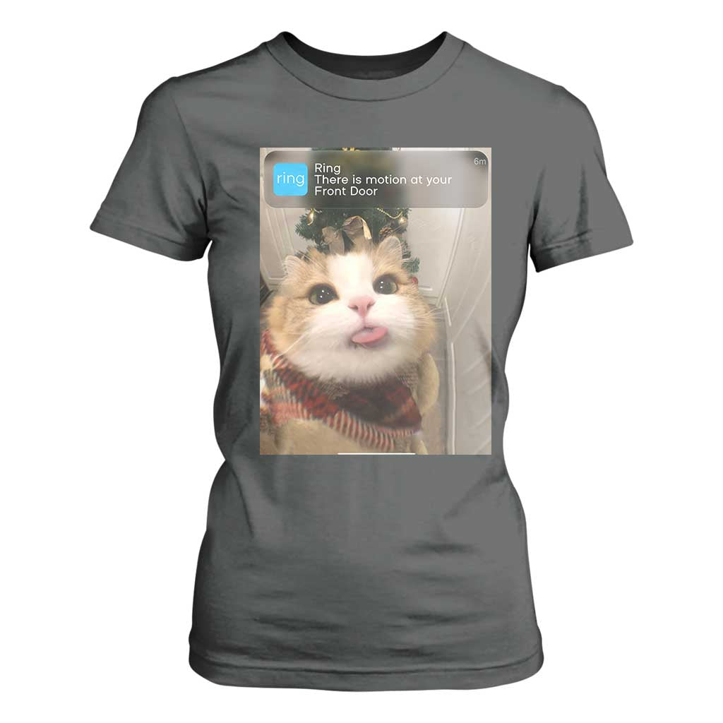 Funny Cat Christmas T Shirt For Women Ring There is Motion at Your Front Door Meme Xmas Tree TS10 Dark Heather Print Your Wear