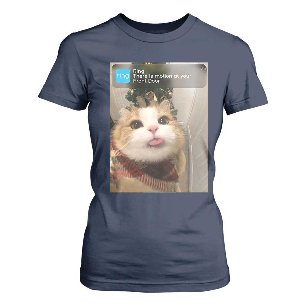 Funny Cat Christmas T Shirt For Women Ring There is Motion at Your Front Door Meme Xmas Tree TS10 Navy Print Your Wear