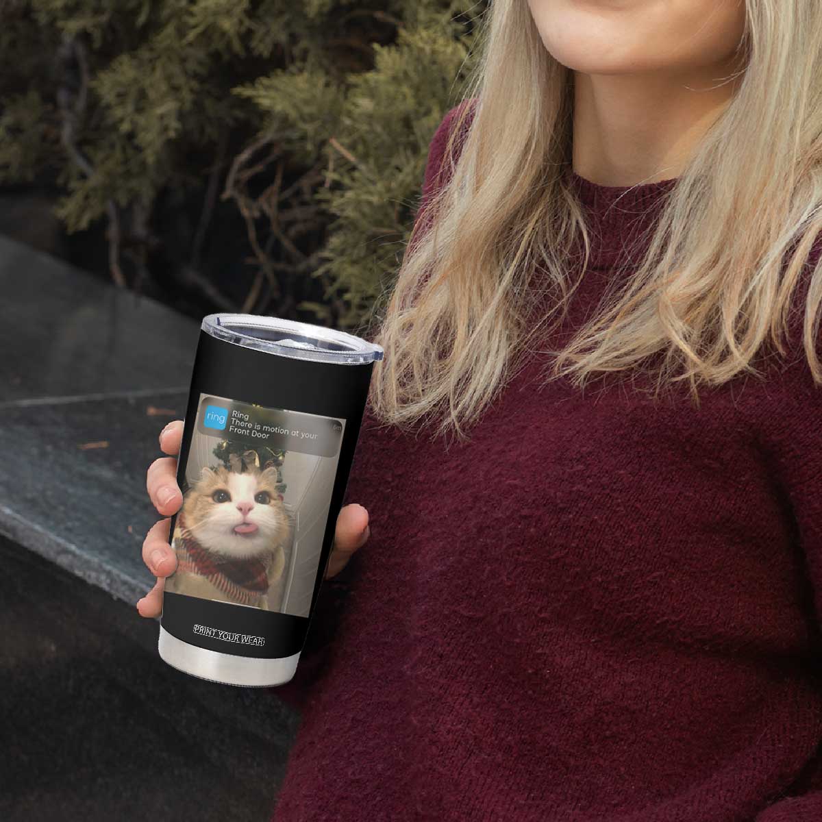 Funny Cat Christmas Tumbler Cup Ring There is Motion at Your Front Door Meme Xmas Tree TS10 Print Your Wear